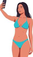 Young woman in a turquoise bikini taking a selfie with a smartphone in a cheerful, bright, minimal illustration vector