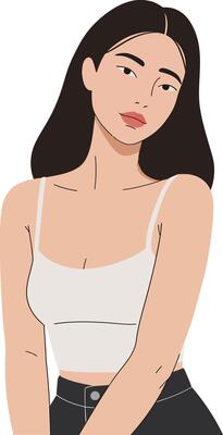 Portrait of a confident young woman with long hair, wearing a casual top, in a minimal flat design illustration