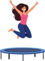 Young woman joyfully jumping on a blue trampoline in a flat illustration, showcasing energy and excitement in a playful atmosphere of fun and movement art vector