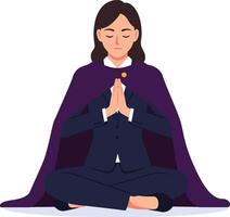 A woman in a suit meditating peacefully while wearing a purple cape in a minimal flat design illustration vector