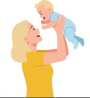 A joyful mother lifting her baby in the air, showcasing love and connection in a minimal flat design illustration vector