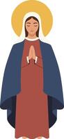A serene woman in prayer wearing a flowing robe with a halo, depicted in a minimal flat design style, conveying tranquility and reverence in art vector