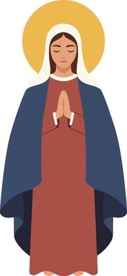 A serene woman in prayer wearing a flowing robe with a halo, depicted in a minimal flat design style, conveying tranquility and reverence in art