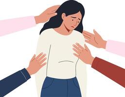 A woman with a distressed expression surrounded by multiple reaching hands in a flat design style, conveying themes of pressure and emotional struggle in illustration vector