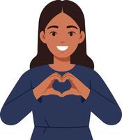 Woman forming a heart shape with her hands in a flat, minimal style illustration expressing love and positivity in a cheerful atmosphere vector
