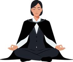 A woman in a business suit meditating peacefully while wearing a black cape in a flat art style, conveying calmness and focus in a serene atmosphere vector