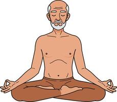 Elderly man meditating in a peaceful pose with serene expression in minimal flat style art vector