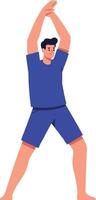 A young man stretching with arms raised in a bright environment, showcasing a flat design style in art vector