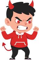Angry young boy with devil horns and tail, dressed in red hoodie and black pants, showcasing a fierce expression, flat art vector