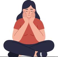 A woman sitting cross-legged on the floor with a thoughtful expression in a minimal style illustration conveying introspection and calmness in a serene setting art vector