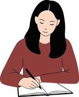 A woman in a red sweater writing in a notebook with focused expression in a minimal and flat design illustration vector