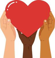 Three diverse hands holding a vibrant red heart in a flat design style showcasing unity and love in art vector