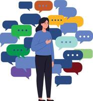 Woman standing confidently amidst colorful speech bubbles in a flat design style, expressing communication and engagement, showcasing diverse thoughts and ideas in illustration vector