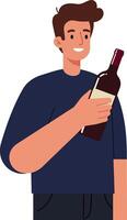 A smiling young man in casual attire holding a bottle of wine in a flat illustration showcasing a relaxed and cheerful ambiance vector