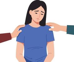 A young woman with a sad expression receiving comforting hands in a flat illustration depicting emotional support and empathy in a serene setting vector