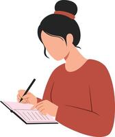 A young woman with a bun hairstyle writing in a notebook while focused and engaged in her task, in a minimalistic flat illustration vector