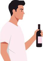 Young man holding a bottle of wine in a casual setting with a minimalistic design style illustration vector