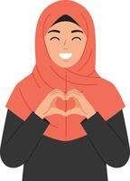 Smiling woman in a coral hijab making a heart shape with her hands in a minimal style illustration vector