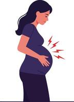 Pregnant woman experiencing discomfort in a minimal flat design style, highlighting her expression and body language in art vector