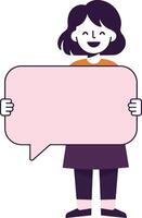 A cheerful girl holding a large pink speech bubble in a flat design style showcasing communication and expression in art vector