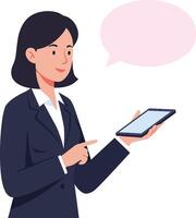 Professional woman in a dark suit engaging with a smartphone, flat design illustration conveying communication and modern technology interaction vector