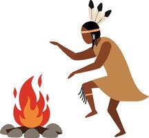 Indigenous dancer performing a traditional ritual near a lively fire in a minimalistic flat design illustration vector
