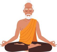 Elderly man in meditation pose wearing an orange robe with a serene expression in flat art vector