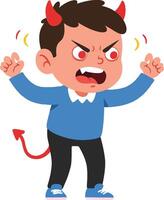 A young boy with devil horns expressing anger in a playful and vibrant flat illustration vector