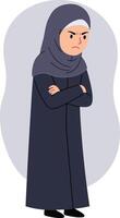 A woman in a black hijab with crossed arms displaying a serious expression, minimal art capturing a moment of contemplation and strength vector