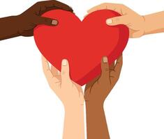 Multiple hands of diverse skin tones holding a bright red heart symbolizing unity and love in a flat illustration vector
