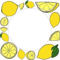 Lemons square frame. Bright summer template with yellow citrus fruits. graphic line ink illustration with empty space for text. Sample poster, party invitation, holiday banner, postcard. vector