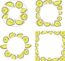 Lemon circle round frame set drawing. Citrus fruit circle and square label template. graphic line ink illustration for packaging, tea, juice, natural cosmetics, lemonade vector