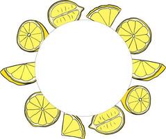 Lemon slice circle round frame fruit hand drawn design. graphic line ink yellow illustration. Design, package, brochure illustration. Design elements for packaging design and other vector