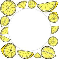 Lemon slice square frame. bright yellow graphic line ink lemon fruit template. Fresh icon design, juice concentrate symbol for banners, print for fabric, labels, t-shirt printing. vector