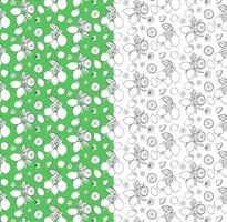 Citric lemons on the branches with slices and flowers seamless pattern. Graphic line ink black and white illustration for package, kitchen design, fabric and textile. vector