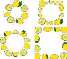 Lemons square and circle round frame set. graphic line ink yellow illustration with empty space for text. Sample poster, party invitation, holiday banner, postcard. vector