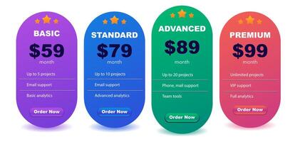 Modern Gradient Pricing Table UI Kit, Basic, Standard, Advanced, Premium Plans vector