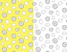 Lemons whole and cut seamless pattern. black and white graphic line ink illustration on transparent background. fruit background for banners, print for fabric, labels, t-shirt printing. vector