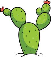 Prickly pear cactus with multiple green pads, small black spines, and red flowers on top vector