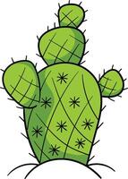 Prickly pear cactus with multiple green pads covered in spines and cross-hatch patterns, growing from the desert ground vector