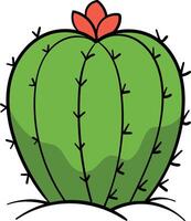 Round barrel cactus with vertical ridges, small black spines, and a red flower on top vector