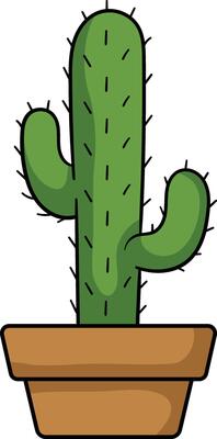 Potted cactus with two curved arms, green body, black spines, and a brown terracotta pot