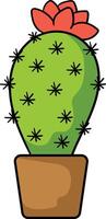 A vibrant green prickly pear cactus with black spines, topped with a blooming red flower vector