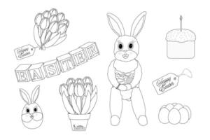 Black and white set illustration with a Easter bunny, tulips, decorated Easter eggs, Easter cake, and - Happy Easter - text. Ideal for coloring page. vector