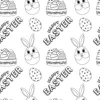 Monochrome seamless pattern featuring anthropomorphic Easter bunny eggs, decorated egg baskets and festive text. Perfect for coloring page, kids, wrapping paper, and holiday crafts. vector