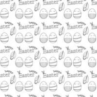 Black and white seamless pattern featuring decorated Easter eggs anthropomorphic couple, tulips, and - Happy Easter - text for coloring page. Ideal for kids, wrapping paper, and festive activities. vector