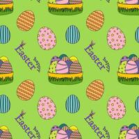 Bright seamless pattern featuring decorated Easter eggs and baskets on a green background. Perfect for festive designs, greeting cards, and gift wrapping. vector