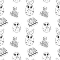 Black and white Easter seamless pattern with Easter bunny anthropomorphic Easter eggs, festive baskets, and letter blocks. Perfect for kids crafts, fabric prints, and coloring page. vector