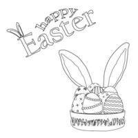 Black and white Easter coloring page featuring Easter bunny ears, decorated Easter eggs in a basket, and - Happy Easter - text. Ideal for kids, crafts, greeting card, and festive holiday activities. vector