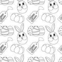 Black and white seamless pattern featuring anthropomorphic Easter bunny, decorated Easter eggs, - Happy Easter - tags, and festive elements. Perfect for wrapping paper, wallpaper or coloring page. vector